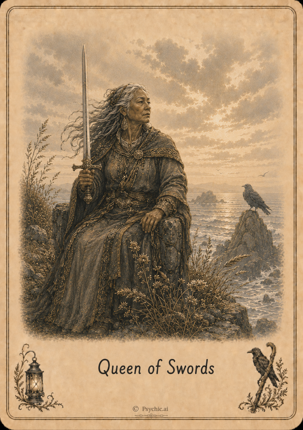 Queen of Swords tarot card illustration
